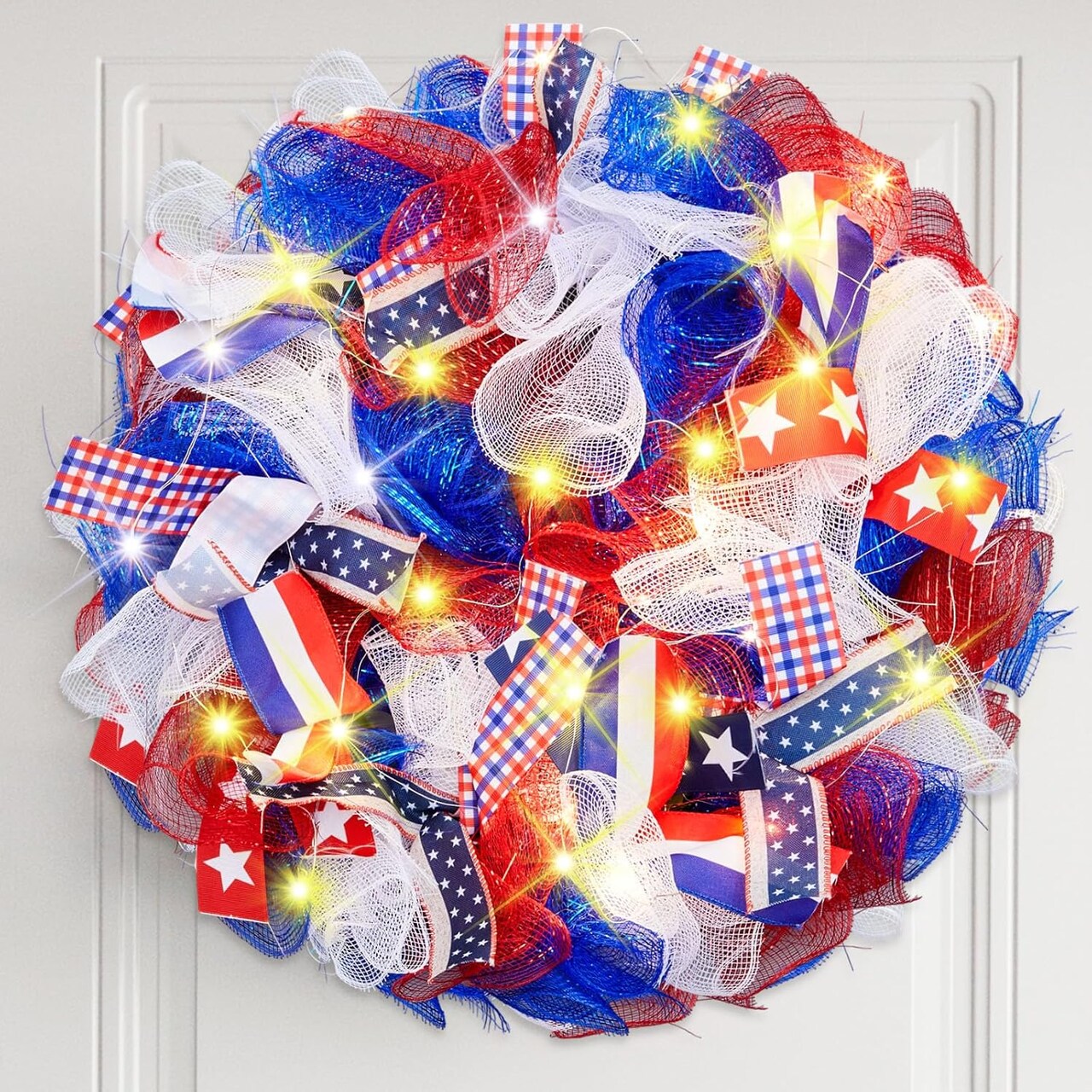 17.72 Inch 4th of July Wreath for Front Door with Light Patriotic Mesh Red White and Blue Wreaths